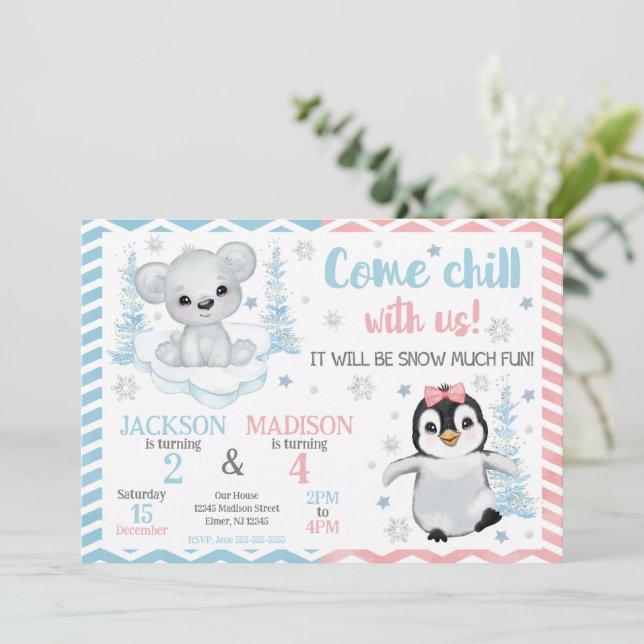 Winter Arctic Animals Joint Birthday Invitation (Standing Front)