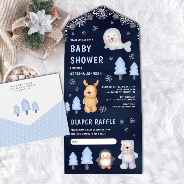 Winter Arctic Animals Navy Blue Baby Shower All In One Invitation (Creator Uploaded)
