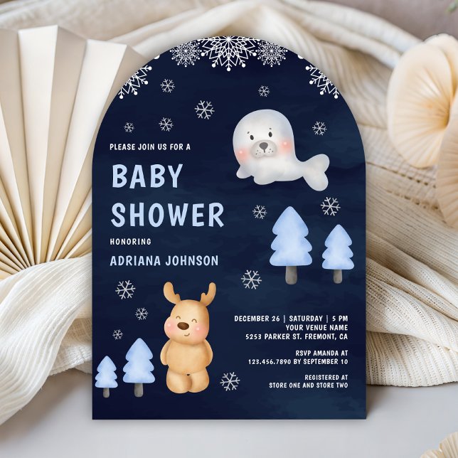Winter Arctic Animals Navy Blue Baby Shower Invitation (Creator Uploaded)