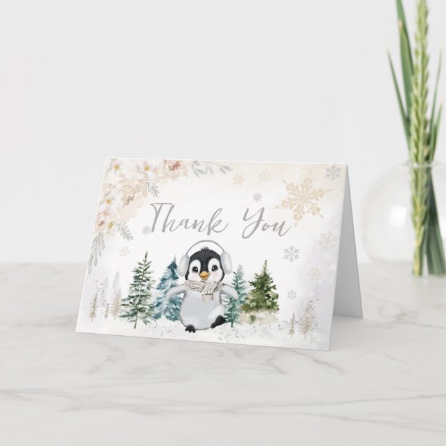 Winter Arctic Penguin Baby Shower Thank You Card (Front)
