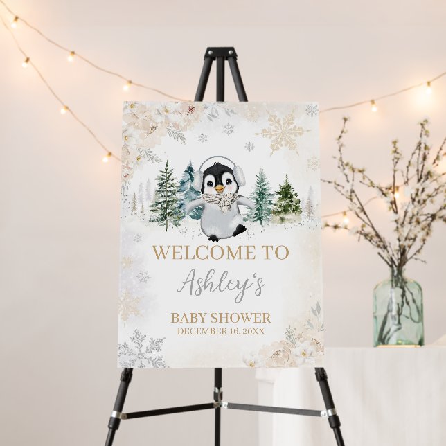 Winter Arctic Penguin Baby Shower Welcome Sign (In Situ (Stand))