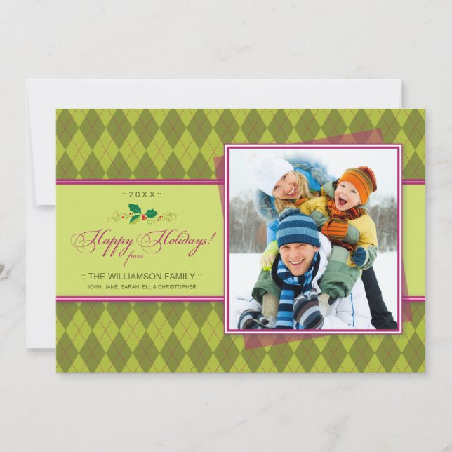 Winter Argyle Happy Holidays Flat Card (lime) (Front)