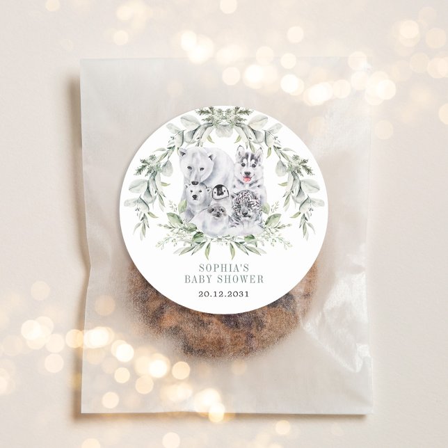 Winter Artic Animals Holiday Baby Shower Classic Round Sticker (Creator Uploaded)