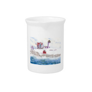 winter at Nubble LIghthouse in Maine Beverage Pitcher