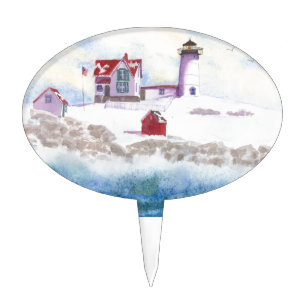 winter at Nubble LIghthouse in Maine Cake Topper