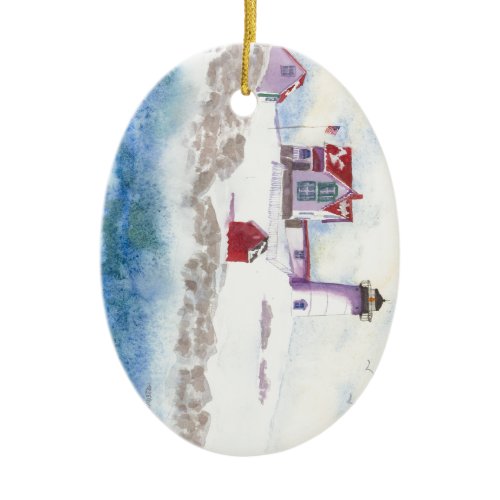 winter at Nubble LIghthouse in Maine Ceramic Ornament