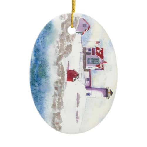 winter at Nubble LIghthouse in Maine Ceramic Ornament