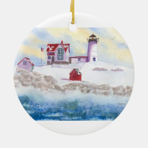 winter at Nubble LIghthouse in Maine Ceramic Ornament