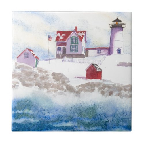 winter at Nubble LIghthouse in Maine Ceramic Tile