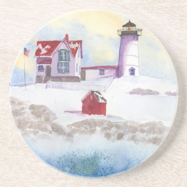 winter at Nubble LIghthouse in Maine Drink Coaster (Front)