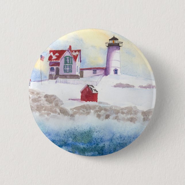winter at Nubble LIghthouse in Maine Round Sticker Pinback Button (Front)