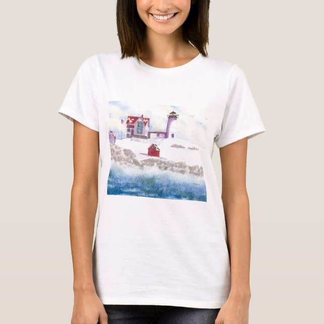 Winter at Nubble LIghthouse in Maine T-Shirt (Front)