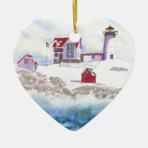 winter at Nubble LIghthouse  Maine Heart Ornament