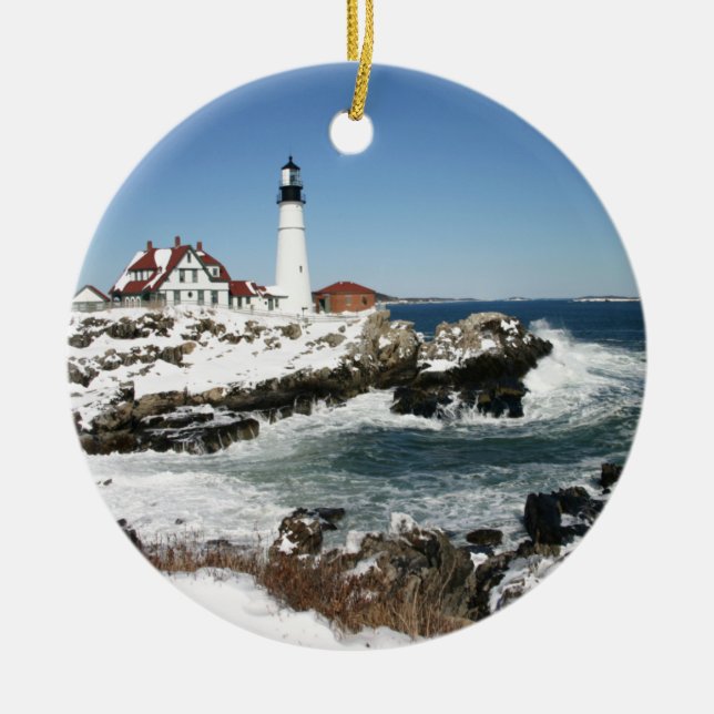 Winter at Portland Head Light Ceramic Ornament (Front)