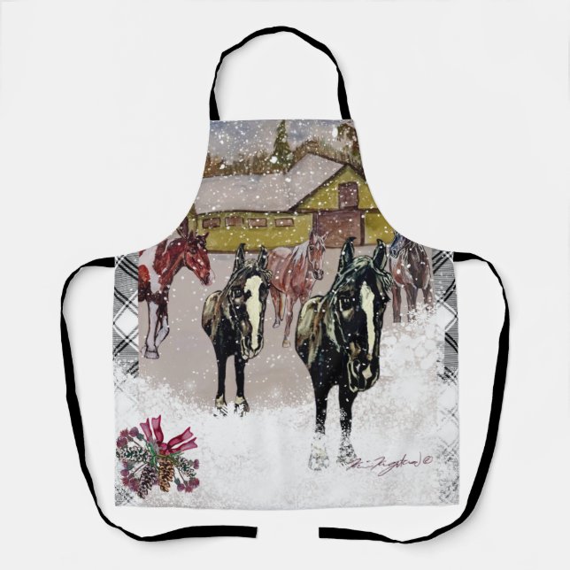 winter at the farm black horses apron (Front)