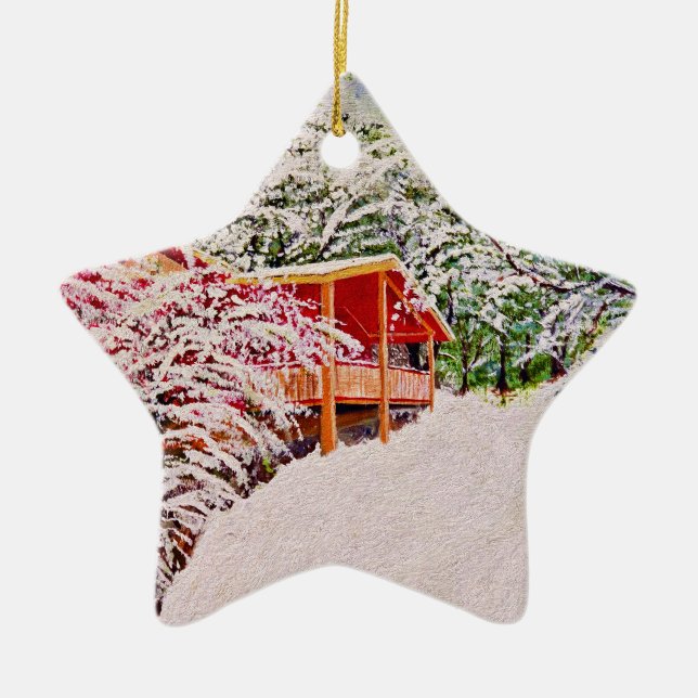 "Winter at the Little Red Cabin" onament. Ceramic Ornament (Front)