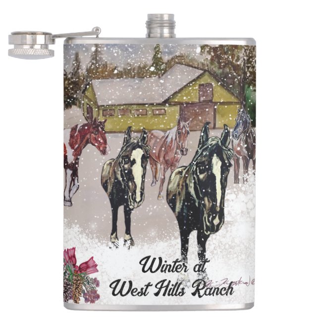 Winter at West Hills Farm 2 black horses Flask (Opened)