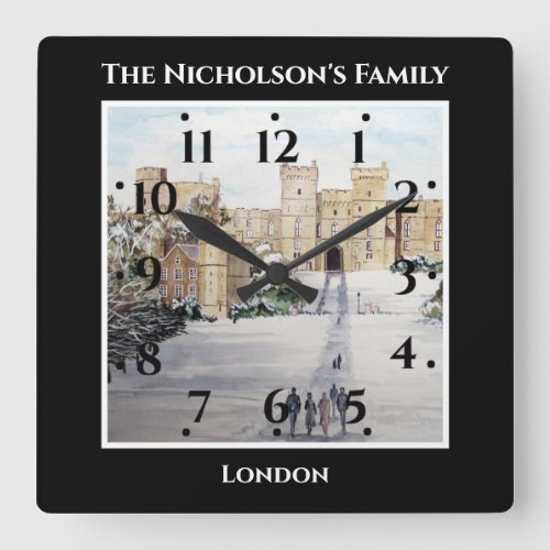Winter at Windsor Castle Landscape Painting Black Square Wall Clock