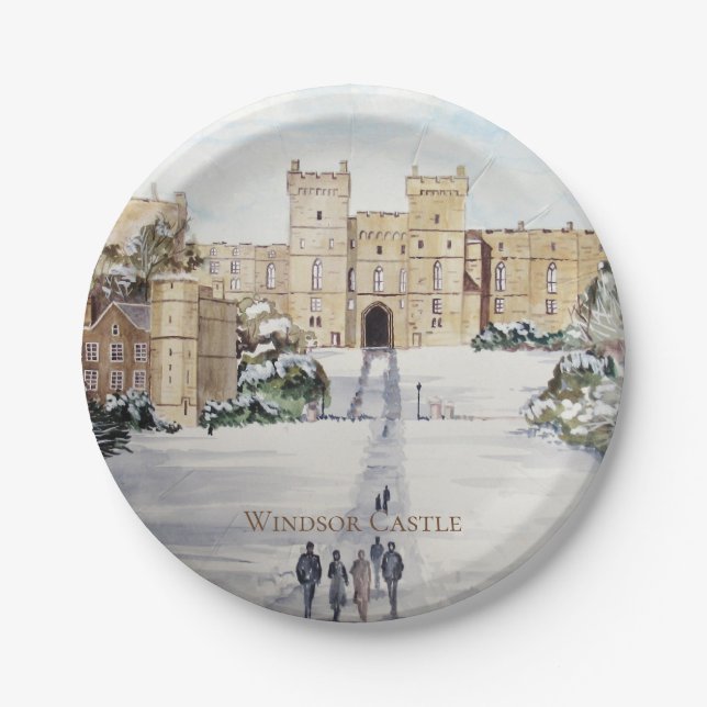 Winter at Windsor Castle Landscape Painting Paper Plates (Front)