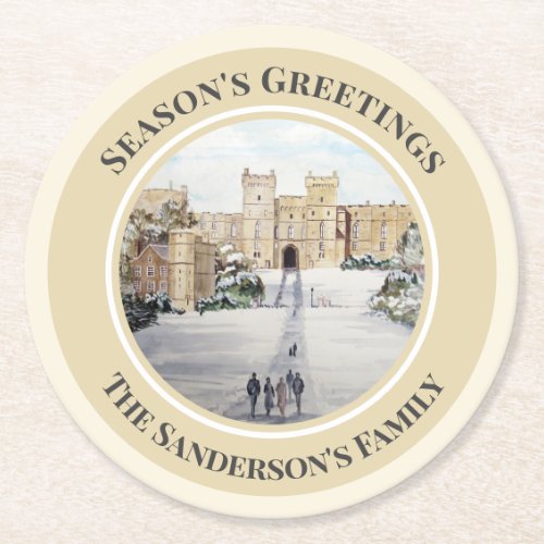 Winter at Windsor Castle Landscape Painting Round Paper Coaster