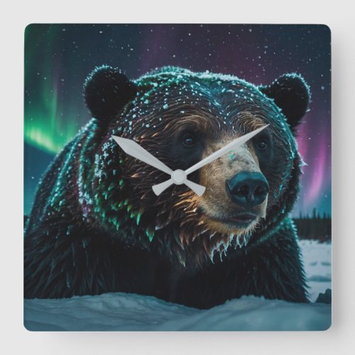 Winter Aurora  Black Bear Wildlife Design Square Wall Clock