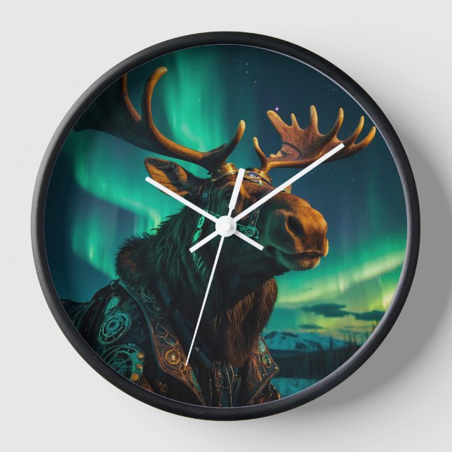 Winter Aurora & Steampunk Moose Wildlife Art Clock (Front)