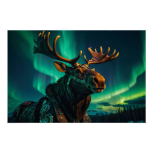 Winter Aurora & Steampunk Moose Wildlife Art Poster