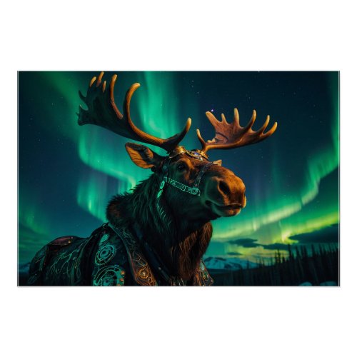 Winter Aurora  Steampunk Moose Wildlife Art Poster