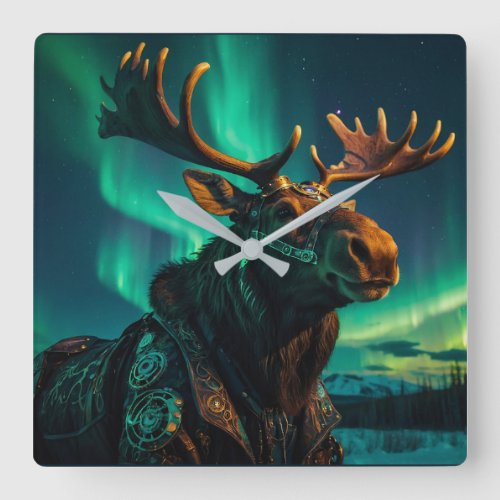 Winter Aurora  Steampunk Moose Wildlife Art Square Wall Clock