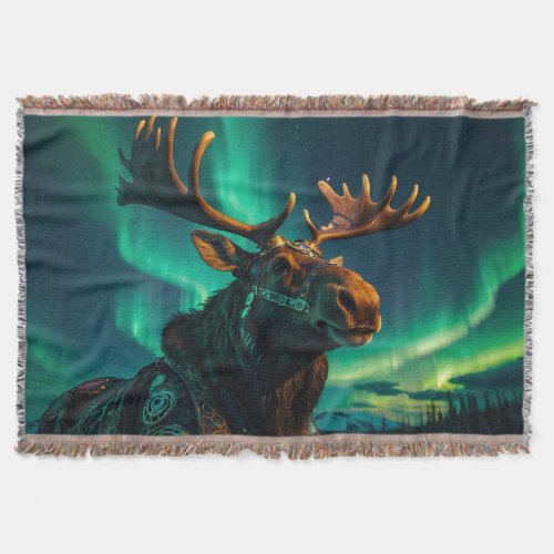 Winter Aurora  Steampunk Moose Wildlife Art Throw Blanket