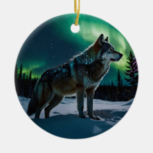 Winter Aurora & Timber Wolf Wildlife Design Ceramic Ornament