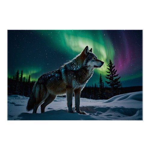 Winter Aurora  Timber Wolf Wildlife Design Poster