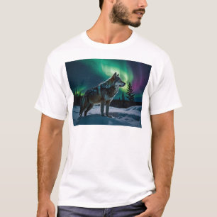 Winter Aurora & Timber Wolf Wildlife Design T-Shirt