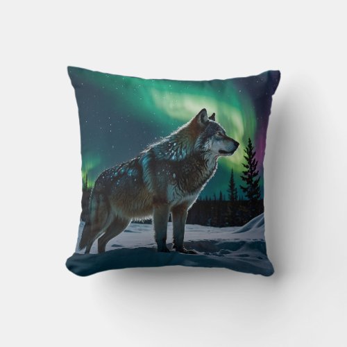 Winter Aurora  Timber Wolf Wildlife Design Throw Pillow