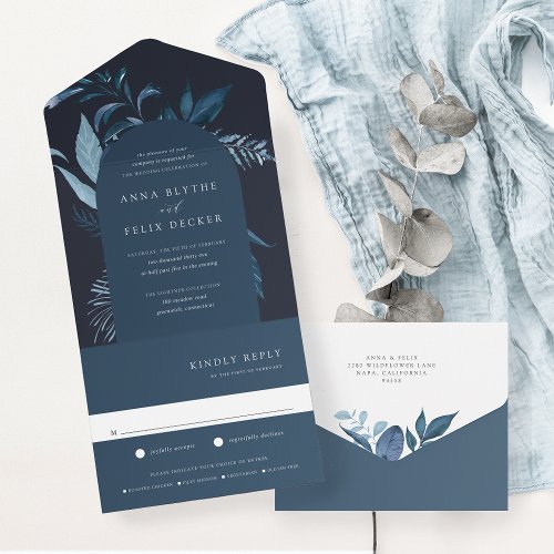 Winter Azure Blue Botanical Arch Wedding All In One Invitation