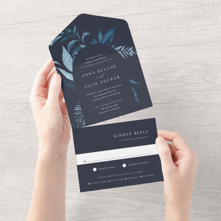 Winter Azure Blue Botanical Arch Wedding All In One Invitation