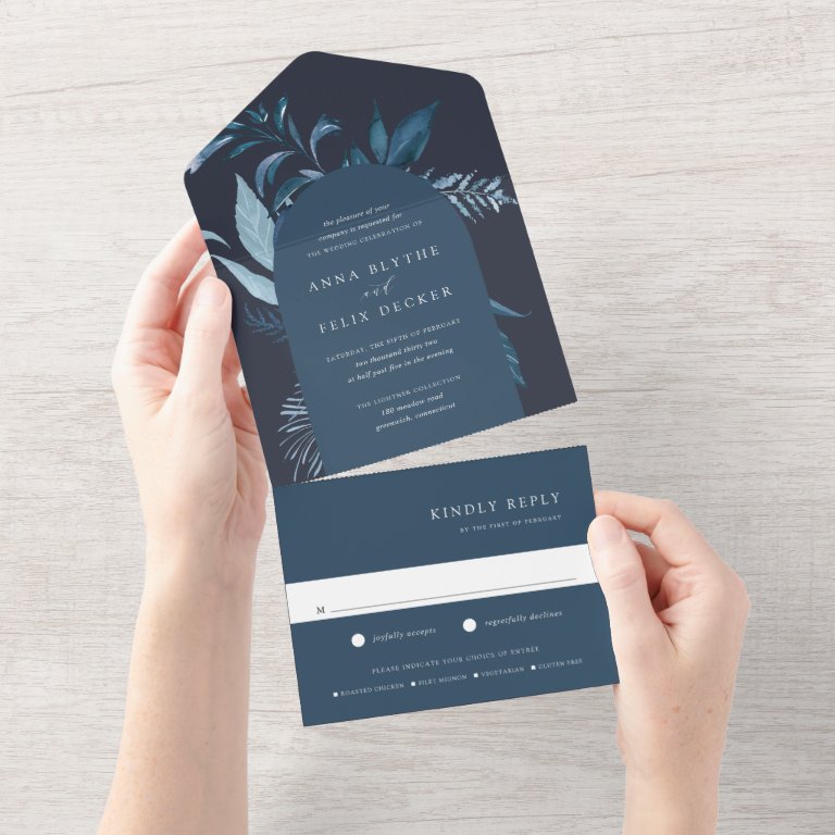 Winter Azure Blue Botanical Arch Wedding All In One Invitation