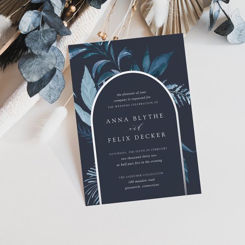 Winter Azure Blue Botanical Arch Wedding Foil Invitation