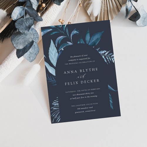 Winter Azure Blue Botanical Arch Wedding Invitation