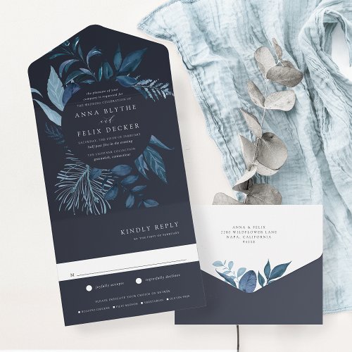 Winter Azure Blue Botanical Frame Wedding All In One Invitation