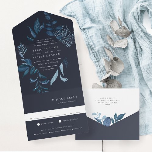 Winter Azure Blue Botanical Frame Wedding All In One Invitation