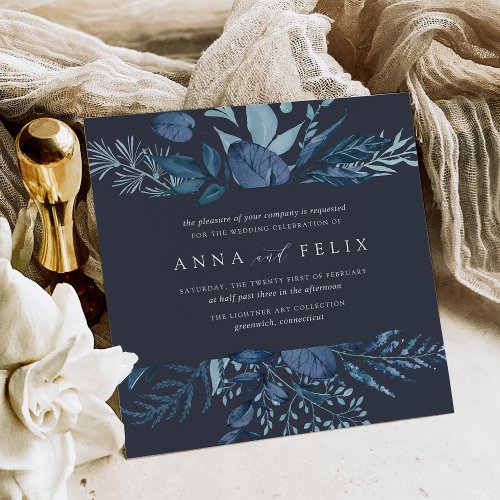 Winter Azure  Blue Botanical Frame Wedding Invitation