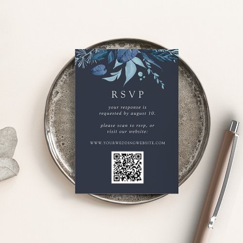 Winter Azure Blue Botanical QR Code Wedding RSVP Enclosure Card