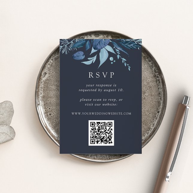Winter Azure Blue Botanical QR Code Wedding RSVP Enclosure Card (Creator Uploaded)