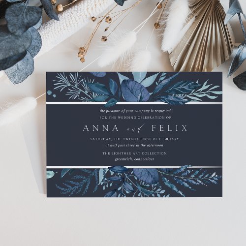 Winter Azure  Blue Botanical Wedding Foil Invitation