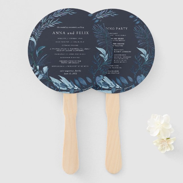 Winter Azure | Blue Botanical Wedding Program Hand Fan (Front and Back)