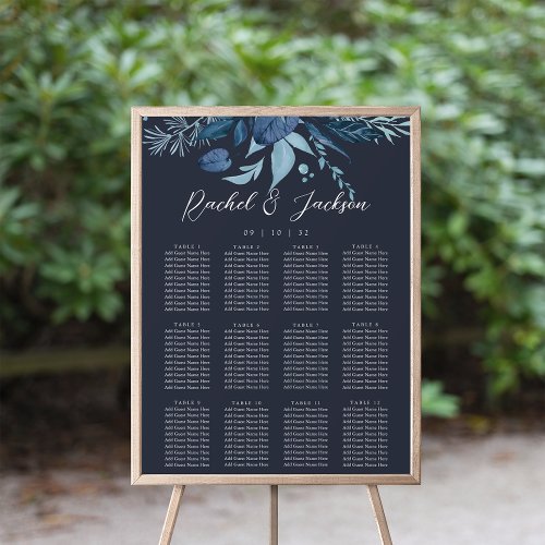 Winter Azure Blue Botanical Wedding Seating Chart