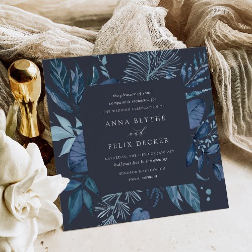 Winter Azure  Blue Square Botanical Frame Wedding Invitation