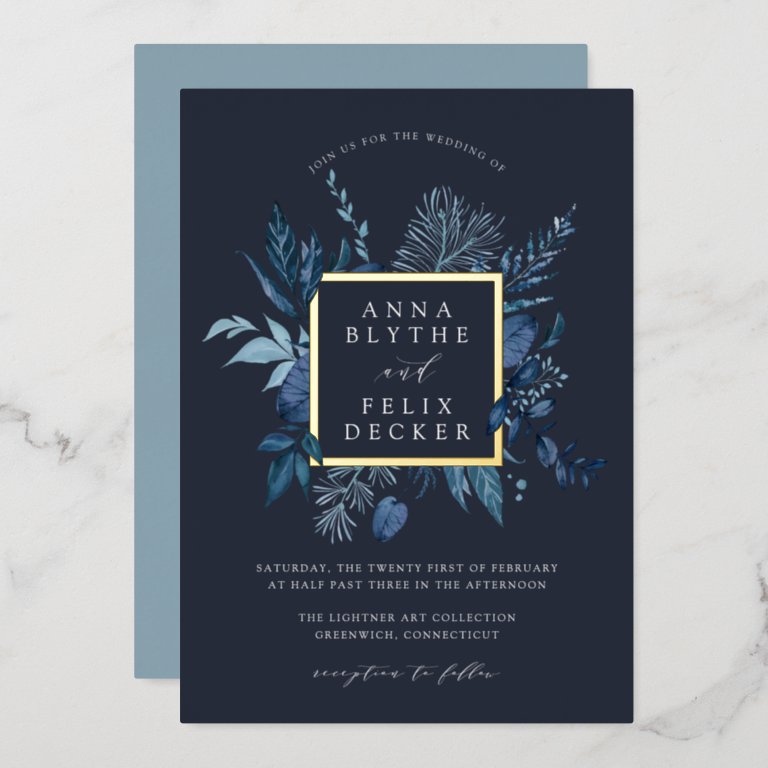 Winter Azure Botanical Frame Wedding Foil Invitation