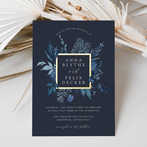Winter Azure Botanical Frame Wedding Foil Invitation